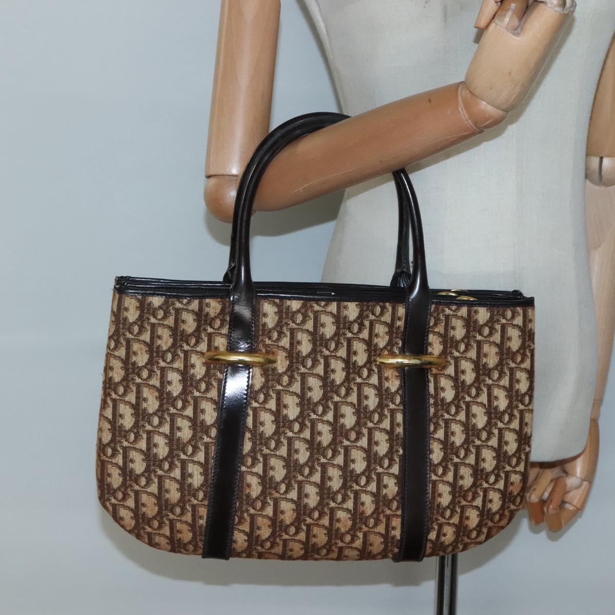 Christian Dior Trotter Canvas Hand Bag Brown Gold Auth 138806