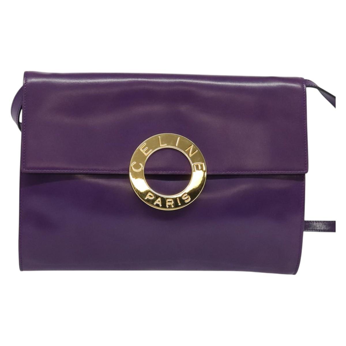 CELINE Shoulder Bag Leather Purple Gold Auth 138822