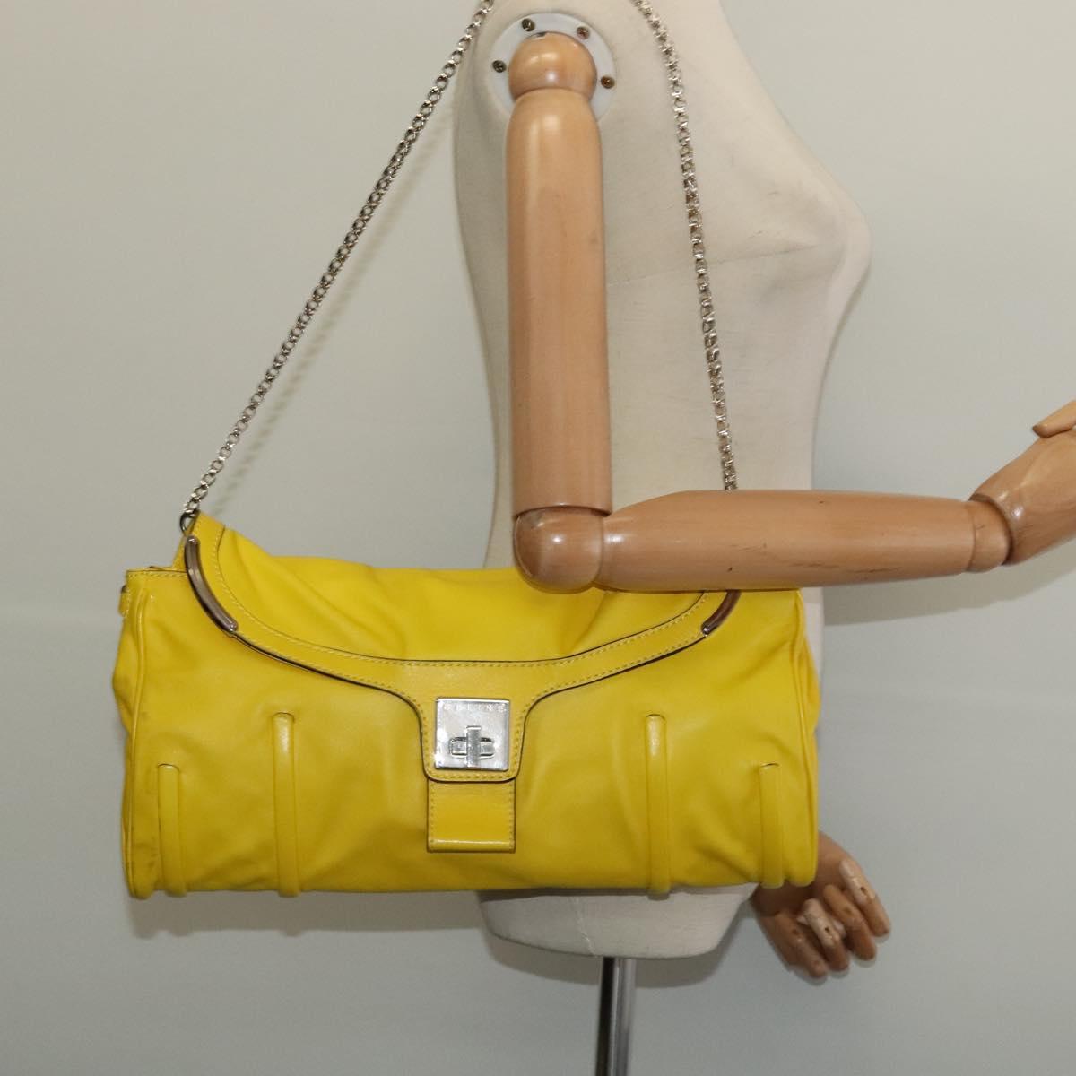 CELINE Chain Shoulder Bag Leather Yellow Silver Auth 138823