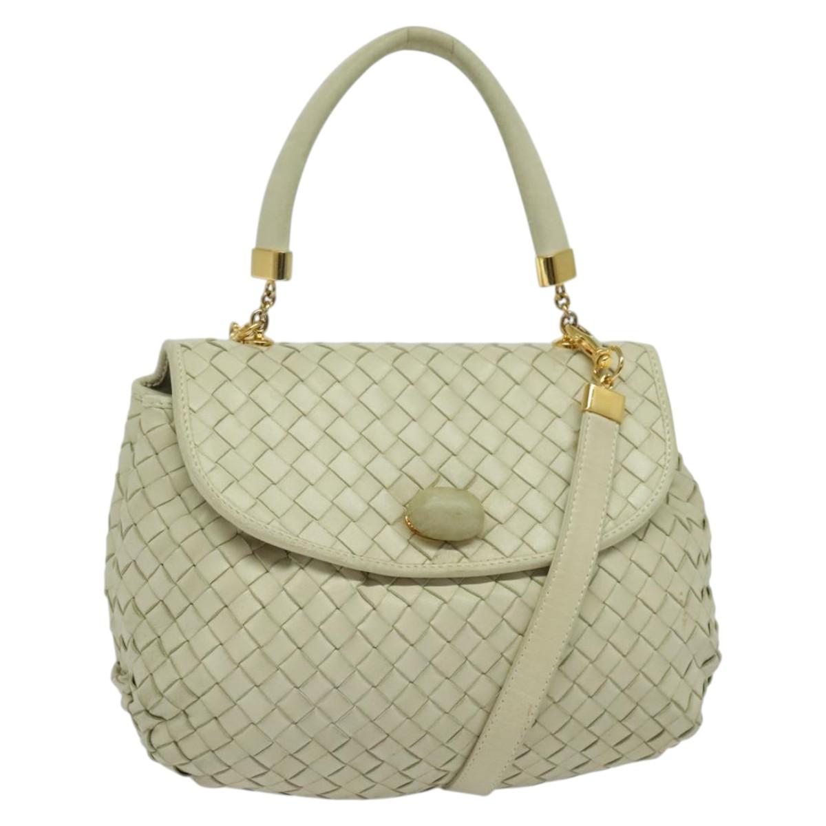 BOTTEGA VENETA INTRECCIATO Hand Bag Leather 2way White Gold Auth 138828