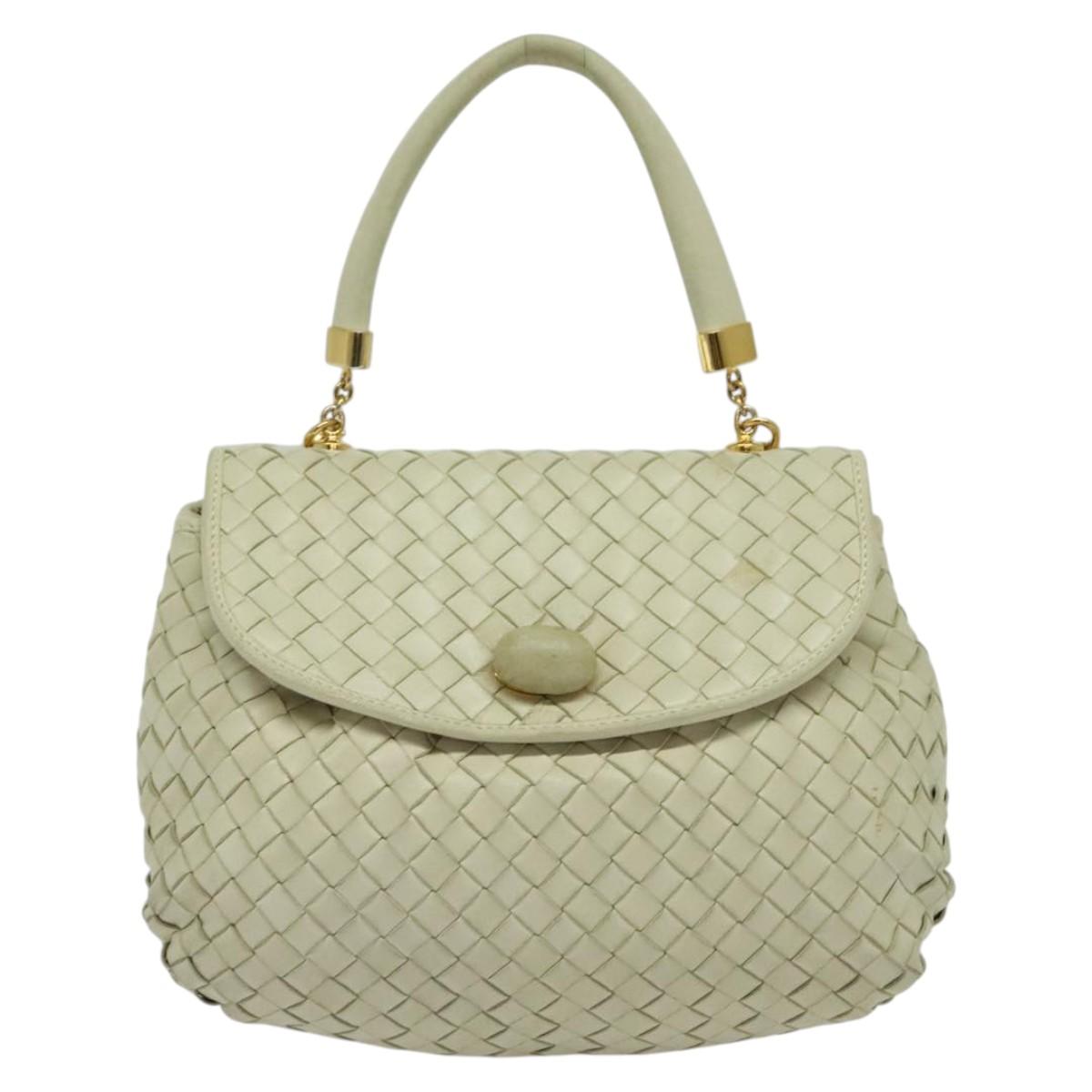 BOTTEGA VENETA INTRECCIATO Hand Bag Leather 2way White Gold Auth 138828
