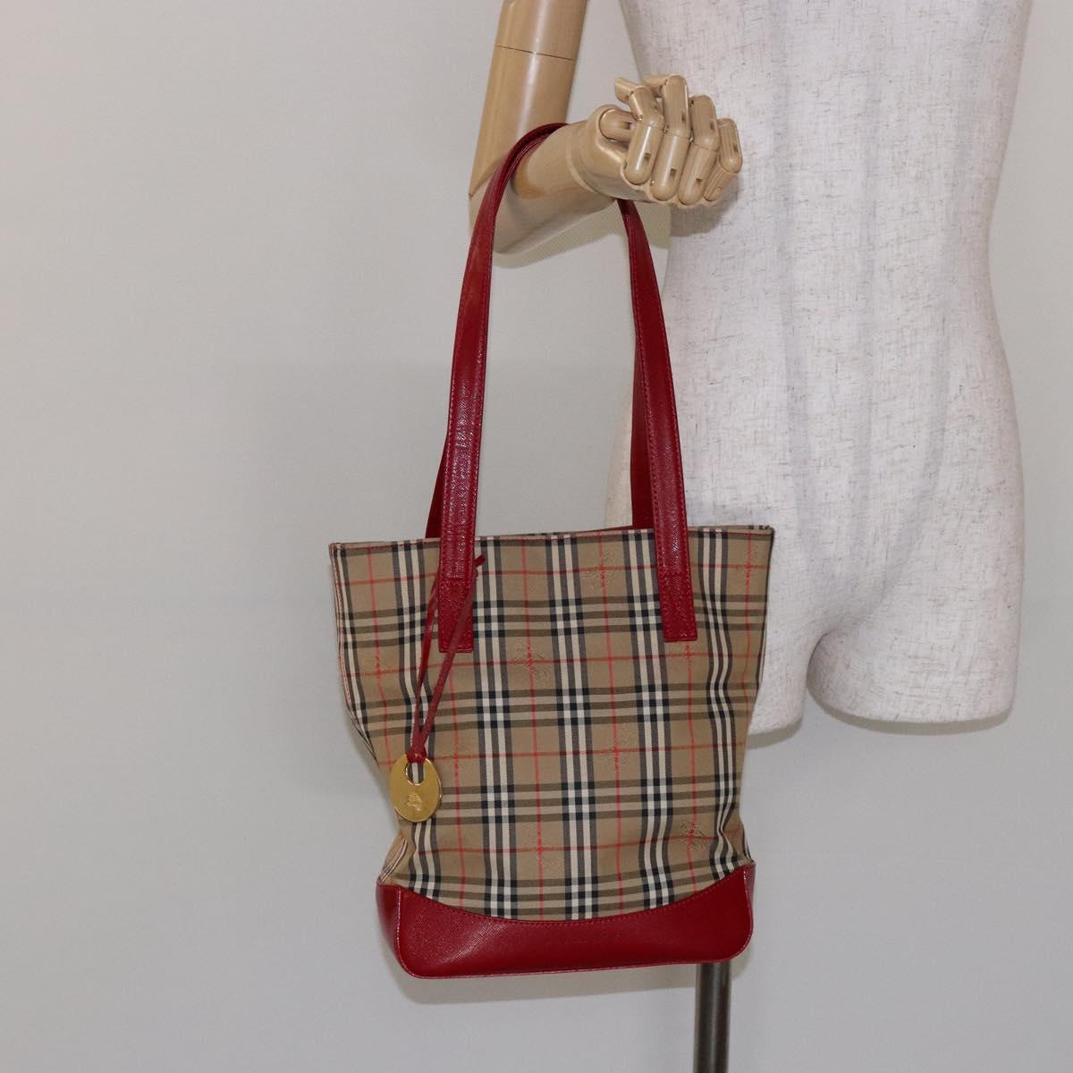 BURBERRY Nova Check Hand Bag Canvas Beige Gold Auth 138832