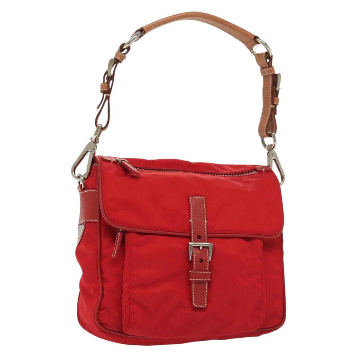 PRADA Shoulder Bag Nylon Leather Red Silver Auth 138845