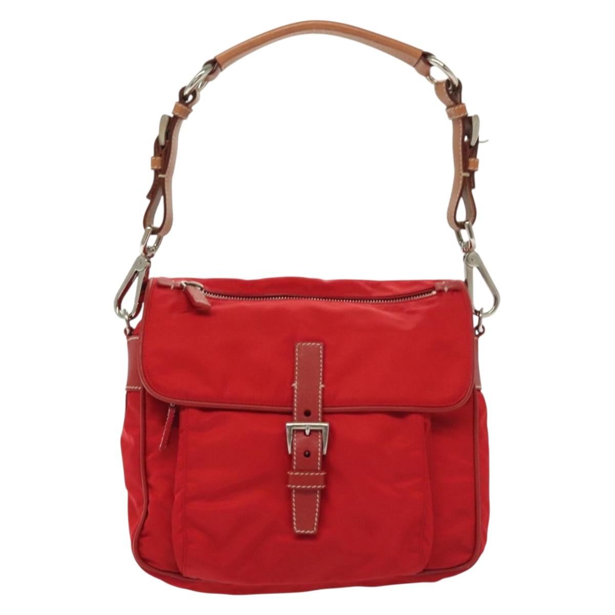PRADA Shoulder Bag Nylon Leather Red Silver Auth 138845