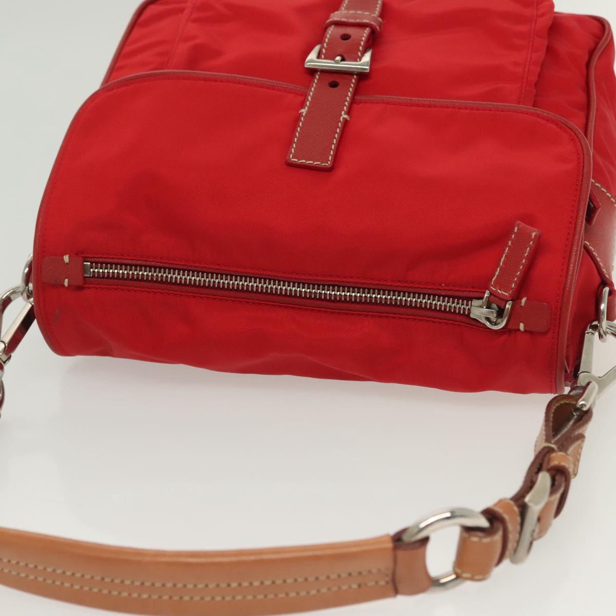 PRADA Shoulder Bag Nylon Leather Red Silver Auth 138845