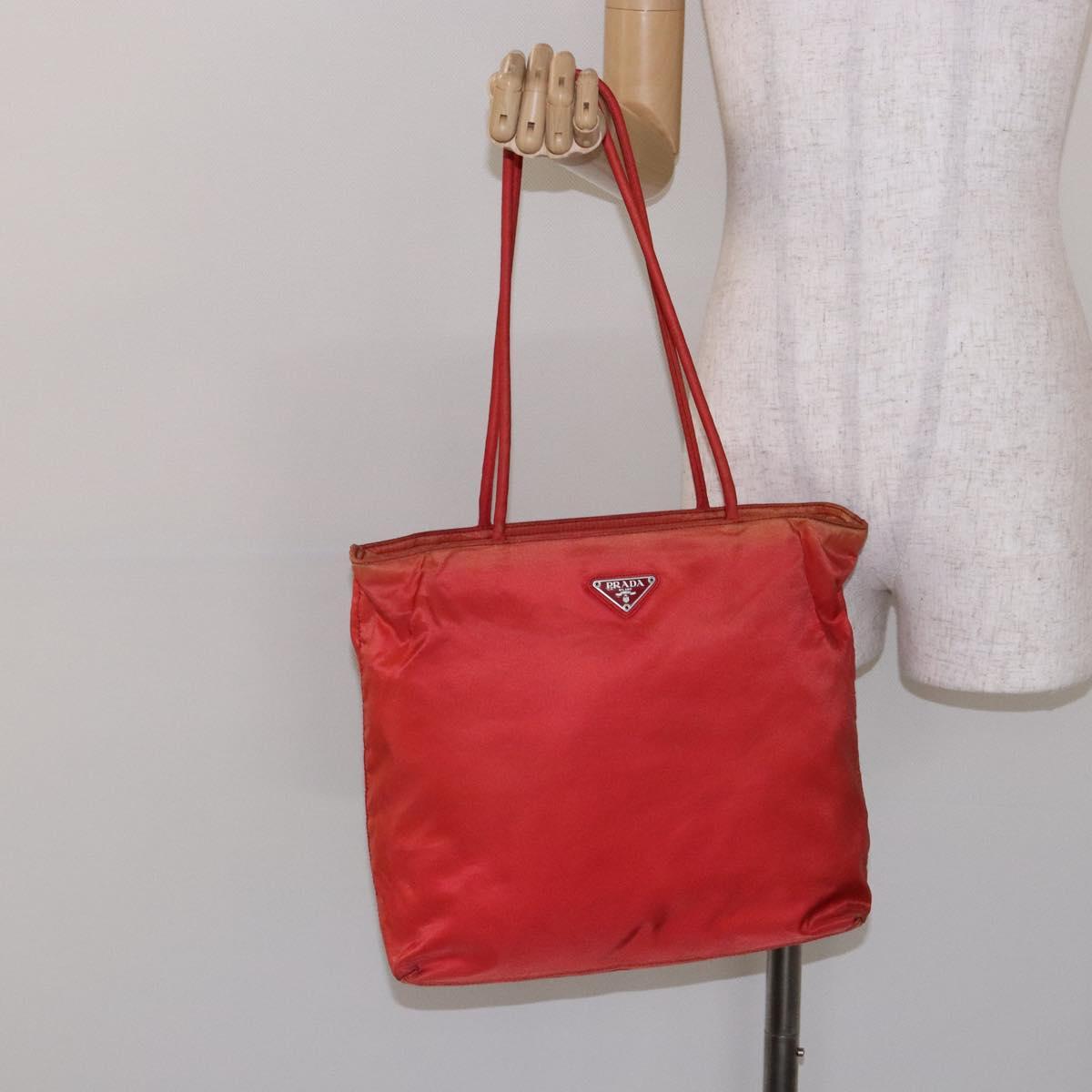 PRADA Tote Bag Nylon Red Silver Auth 138850