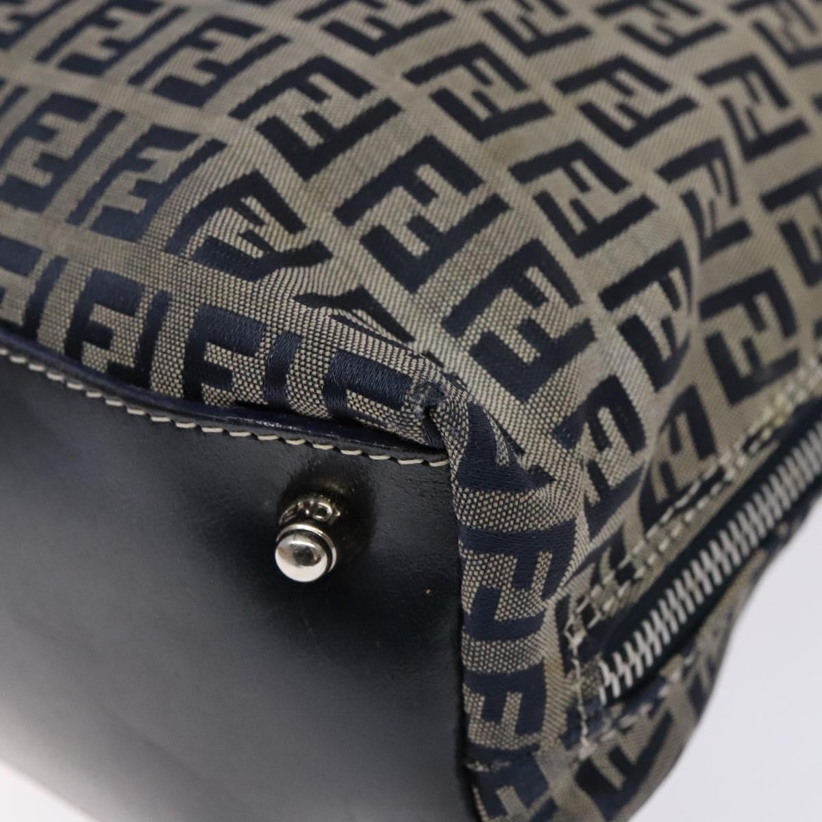 FENDI Zucchino Canvas Shoulder Bag Navy Silver Auth 138858