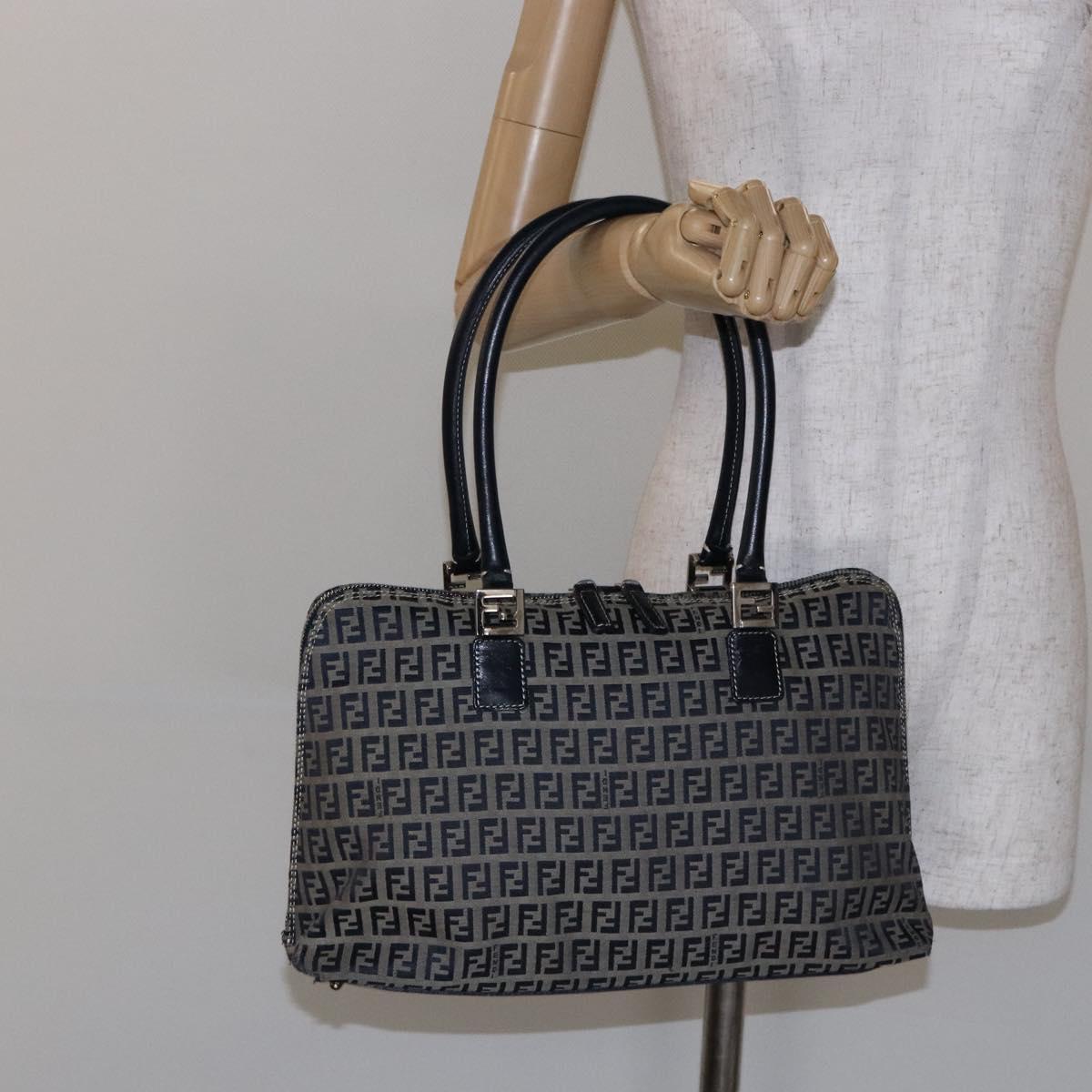 FENDI Zucchino Canvas Shoulder Bag Navy Silver Auth 138858