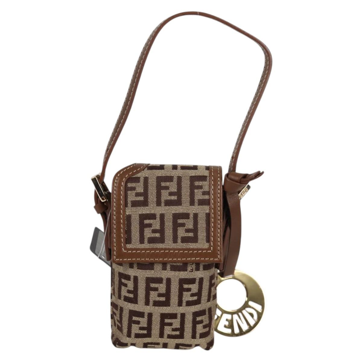 FENDI Zucchino Canvas Phone Pouch Brown Gold Auth 138859