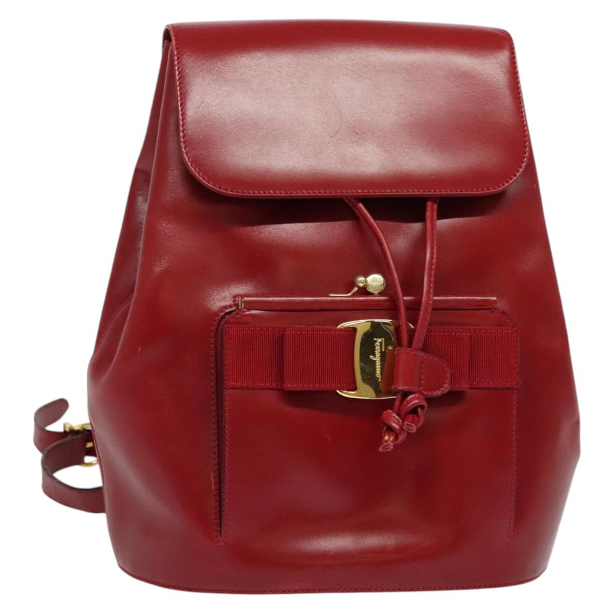 Salvatore Ferragamo Vala Backpack Leather Red Gold Auth 138862