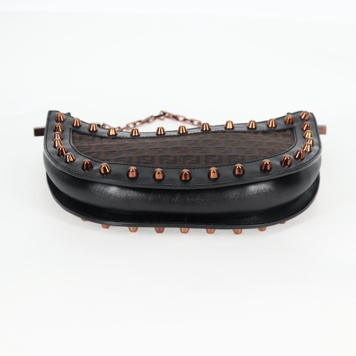 FENDI Zucchino Canvas Chain Shoulder Bag Black Brown Auth 138863V