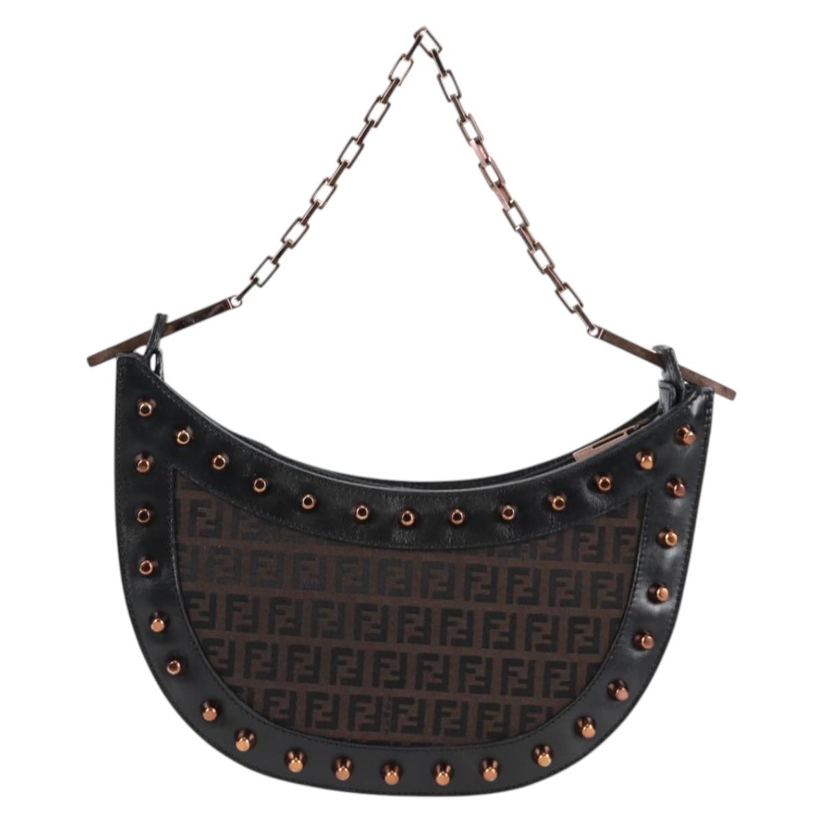 FENDI Zucchino Canvas Chain Shoulder Bag Black Brown Auth 138863V