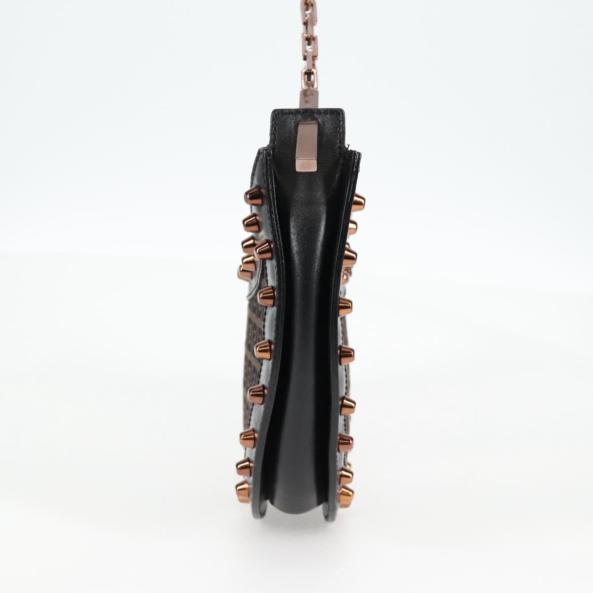FENDI Zucchino Canvas Chain Shoulder Bag Black Brown Auth 138863V