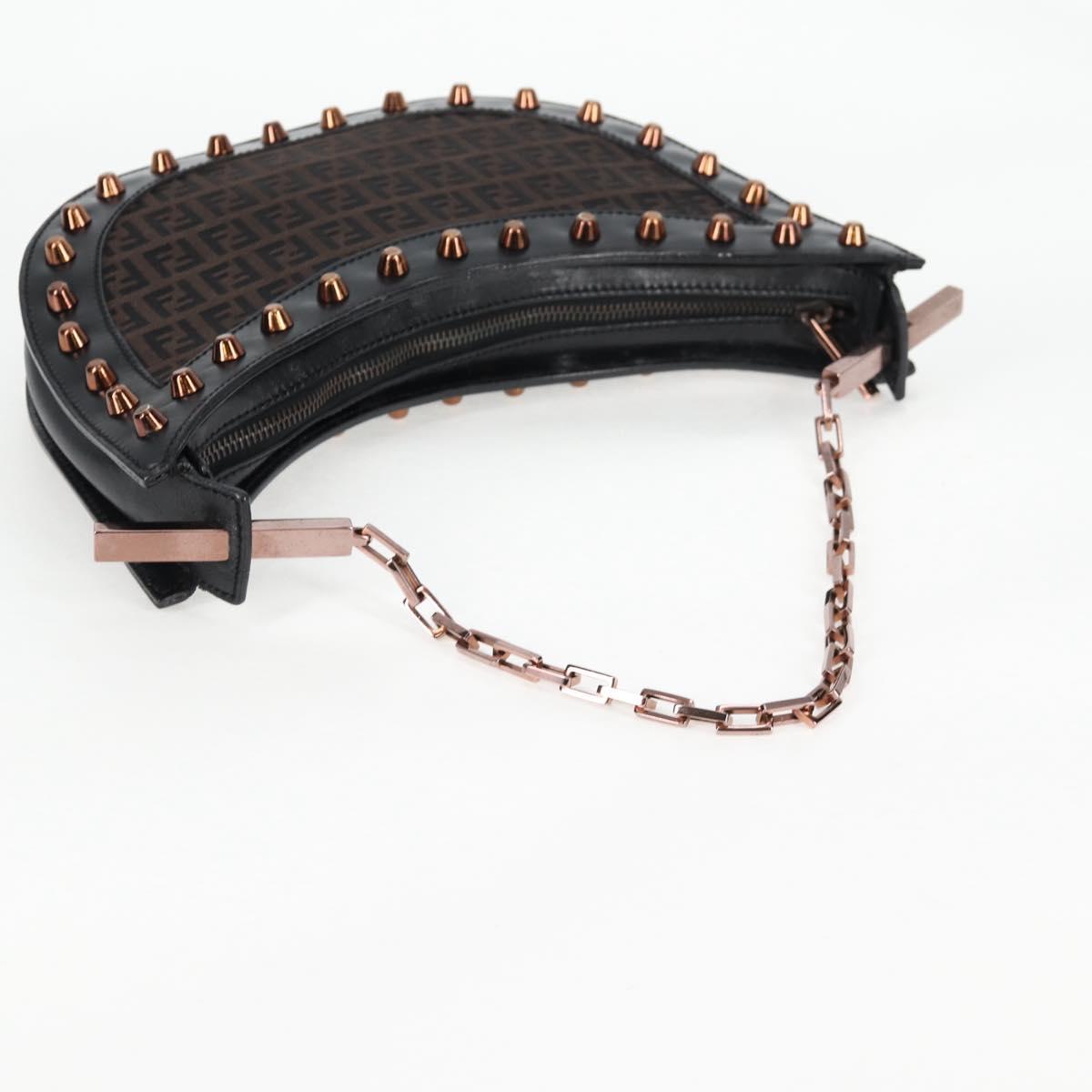 FENDI Zucchino Canvas Chain Shoulder Bag Black Brown Auth 138863V