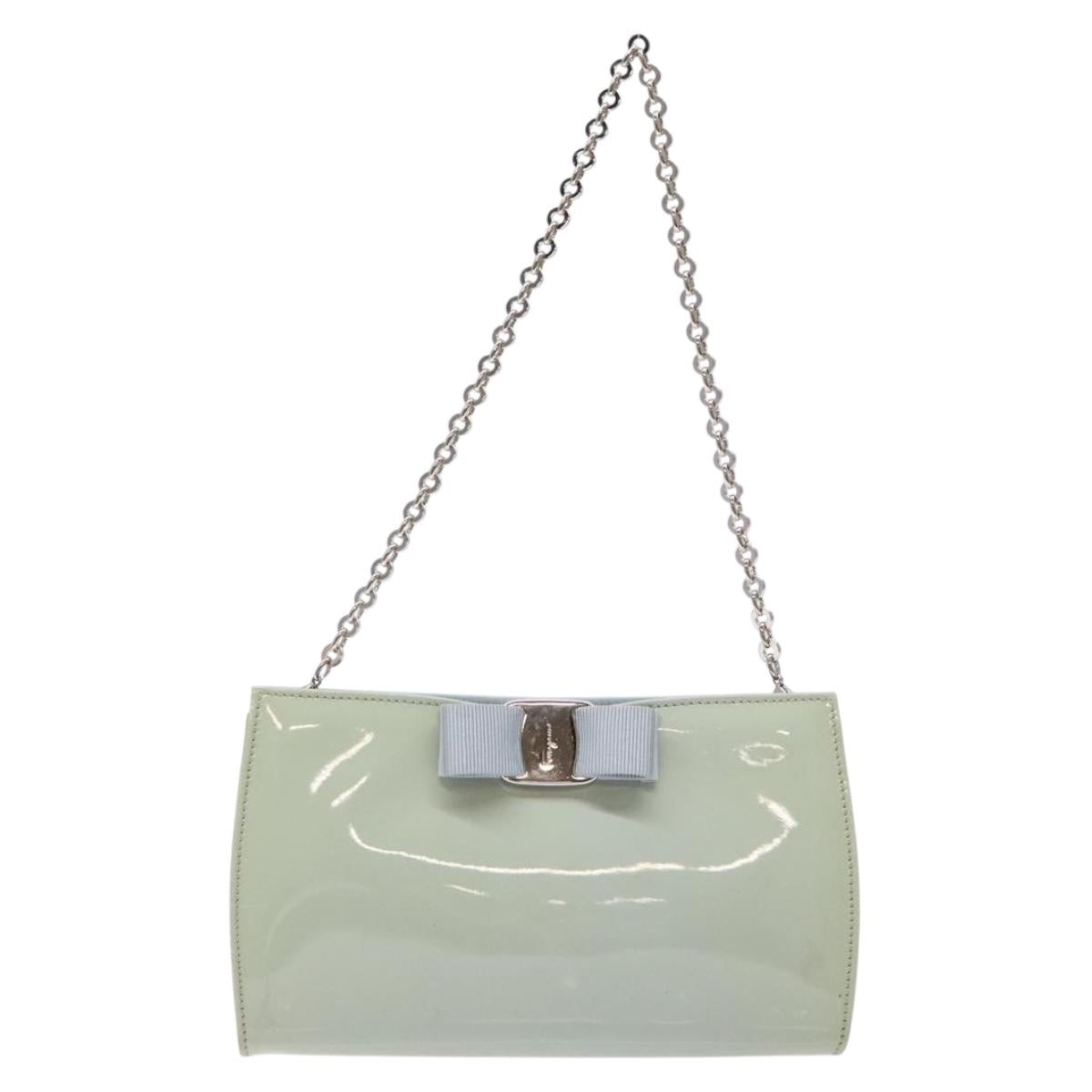 Salvatore Ferragamo Chain Vala Shoulder Bag Enamel Light Blue Silver Auth 138868