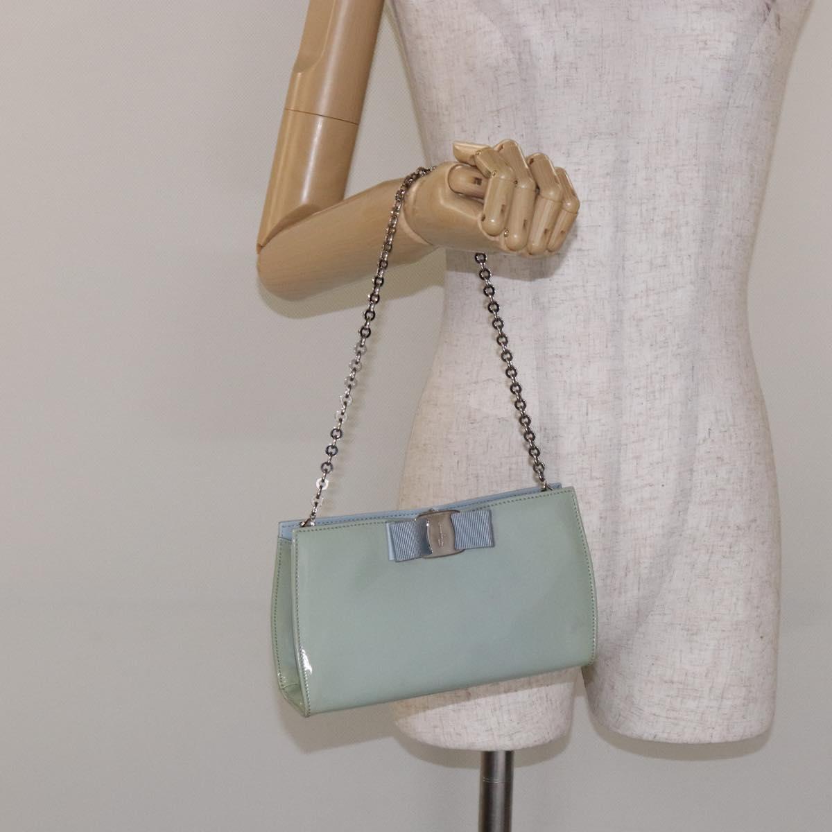 Salvatore Ferragamo Chain Vala Shoulder Bag Enamel Light Blue Silver Auth 138868