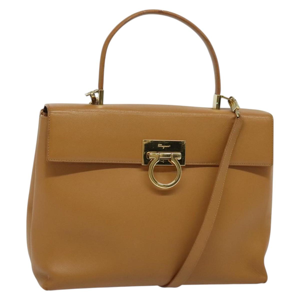 Salvatore Ferragamo Gancini Hand Bag Leather 2way Beige Gold Auth 138870
