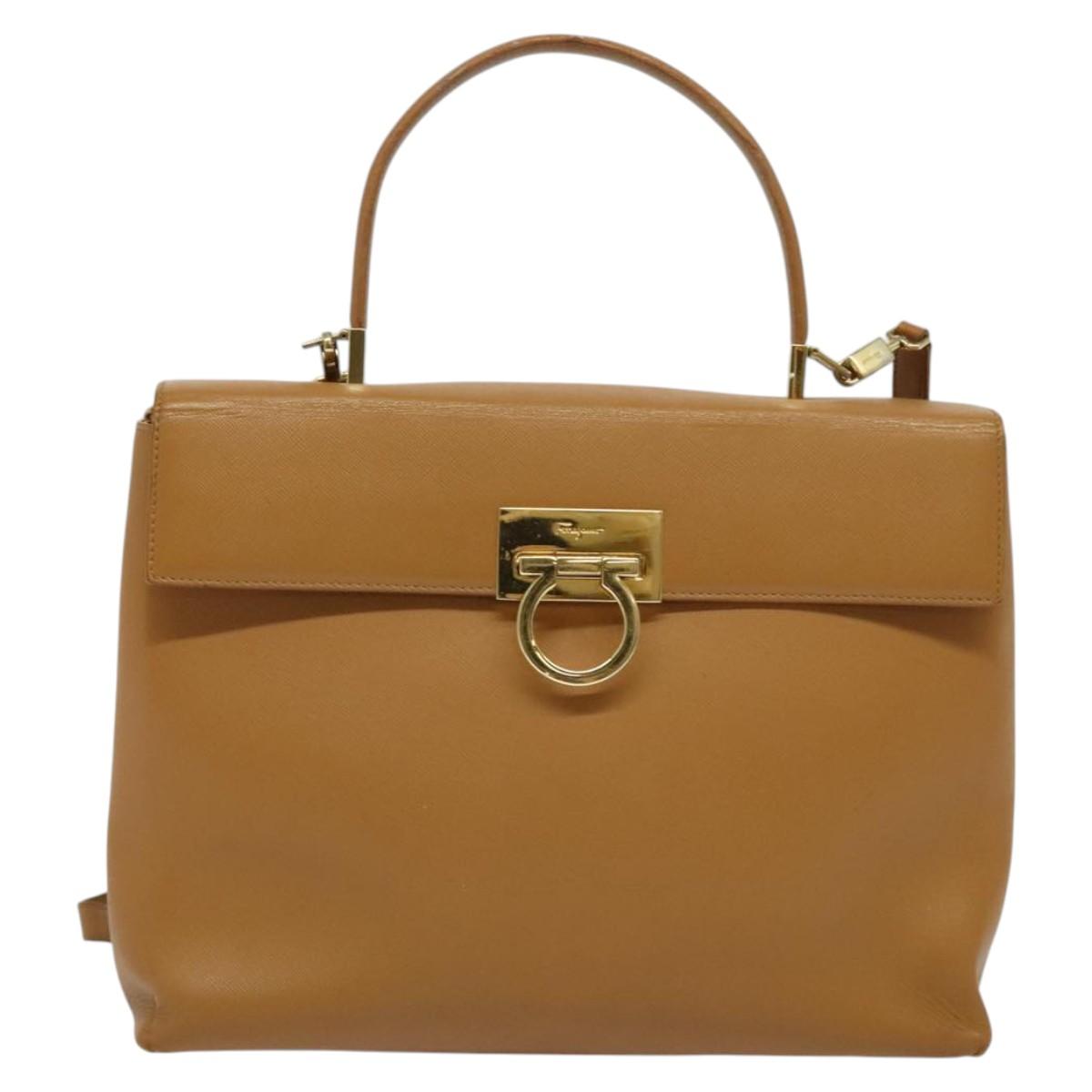Salvatore Ferragamo Gancini Hand Bag Leather 2way Beige Gold Auth 138870