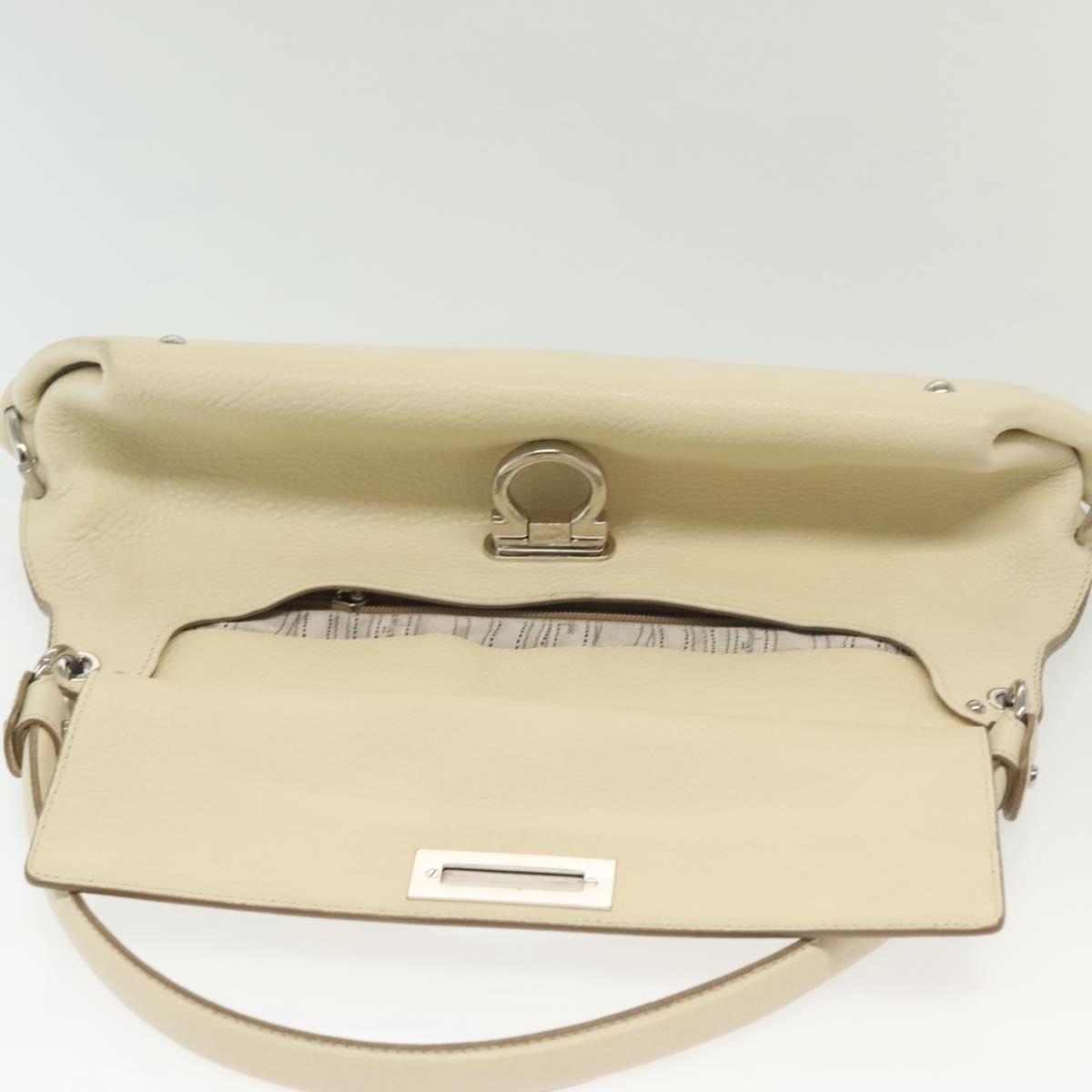 Salvatore Ferragamo Gancini Shoulder Bag Leather White Silver Auth 138871