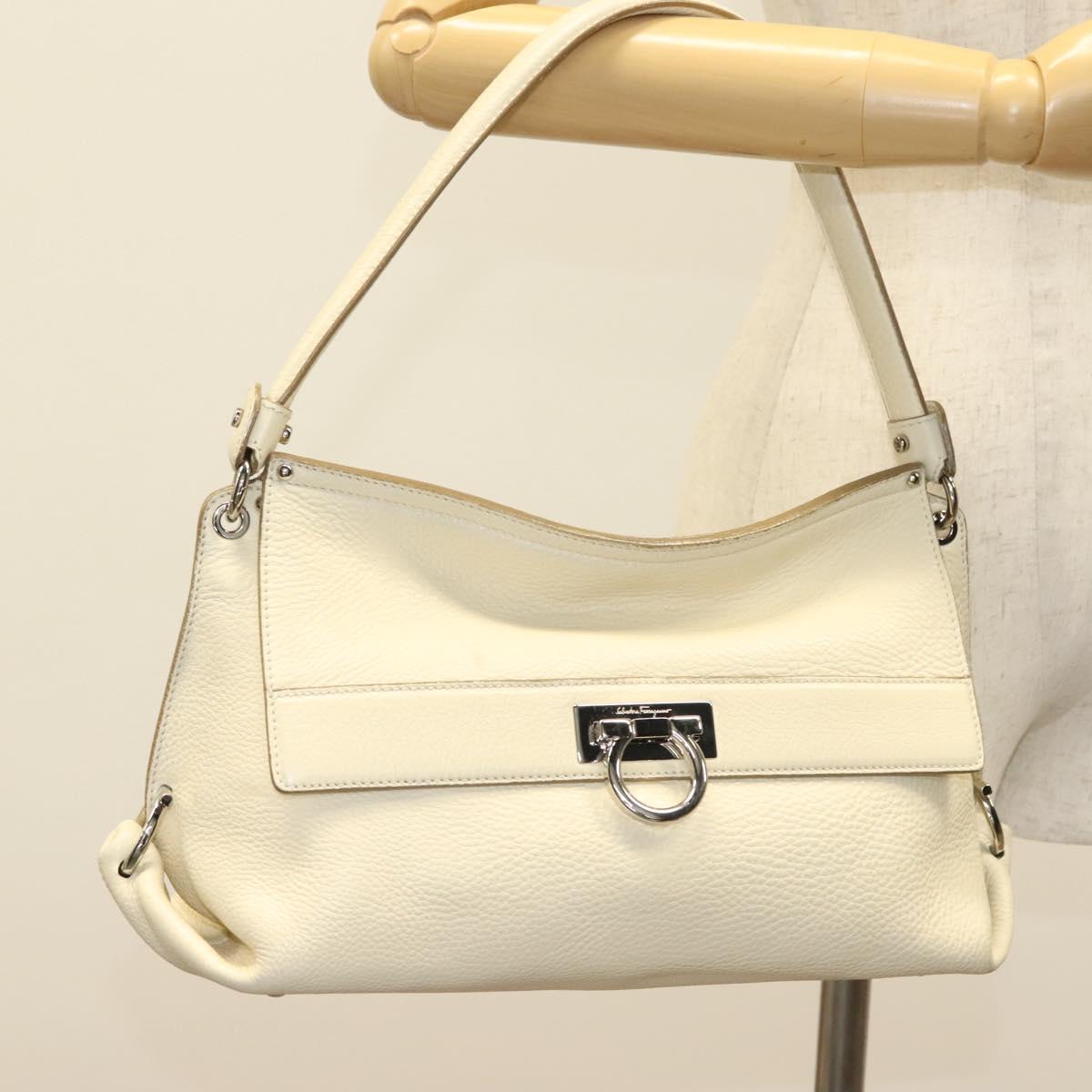 Salvatore Ferragamo Gancini Shoulder Bag Leather White Silver Auth 138871