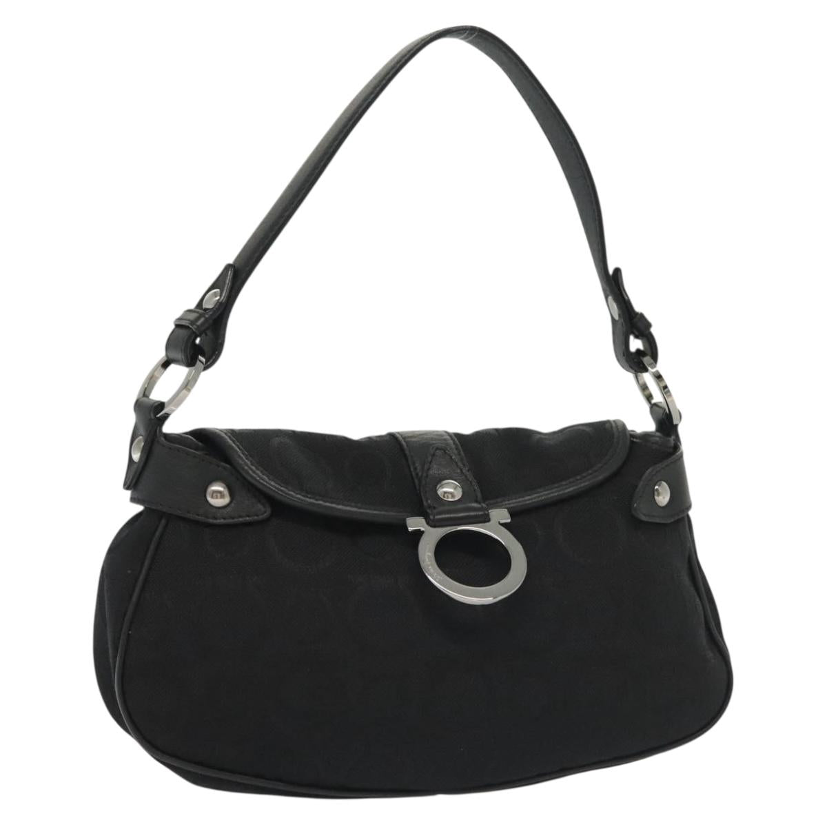 Salvatore Ferragamo Gancini Hand Bag Canvas Black Silver Auth 138872