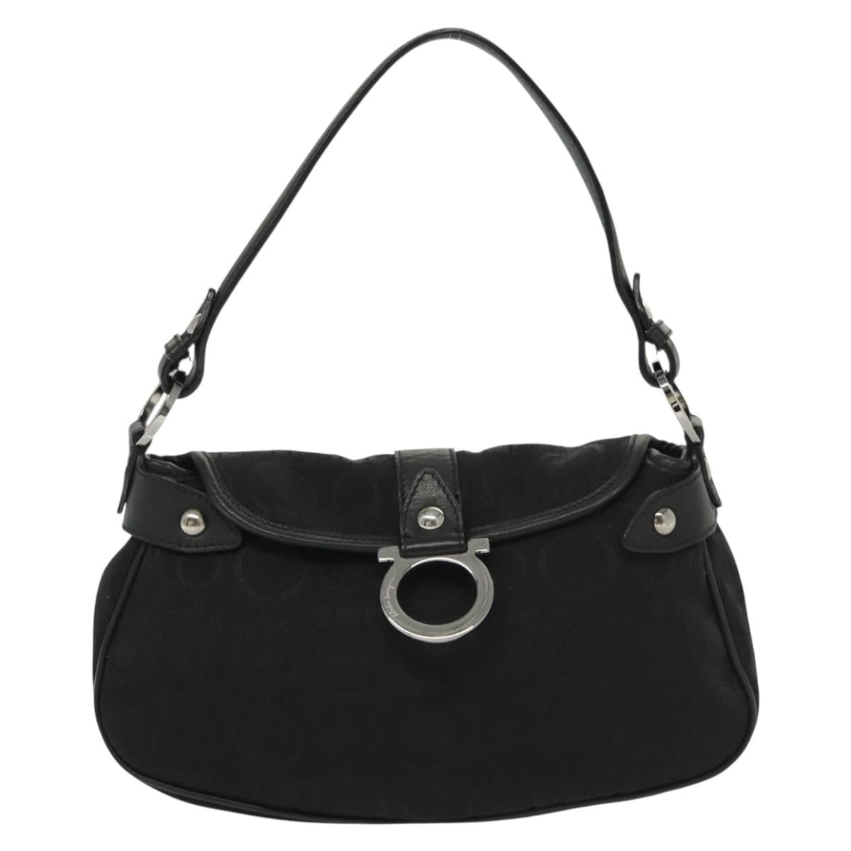 Salvatore Ferragamo Gancini Hand Bag Canvas Black Silver Auth 138872