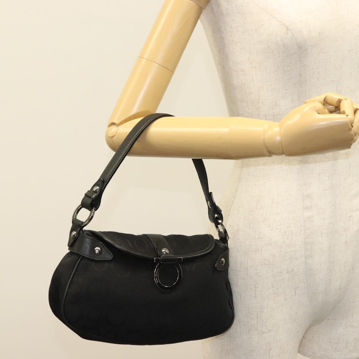Salvatore Ferragamo Gancini Hand Bag Canvas Black Silver Auth 138872
