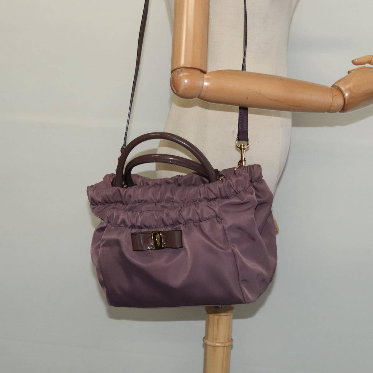 Salvatore Ferragamo Vala Hand Bag Nylon Enamel 2way Purple Silver Auth 138874