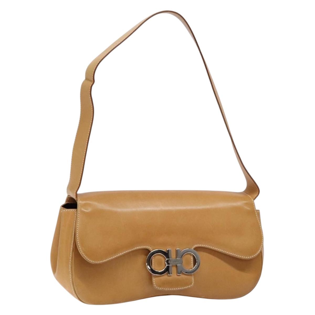 Salvatore Ferragamo Gancini Shoulder Bag Leather Beige Silver Auth 138875