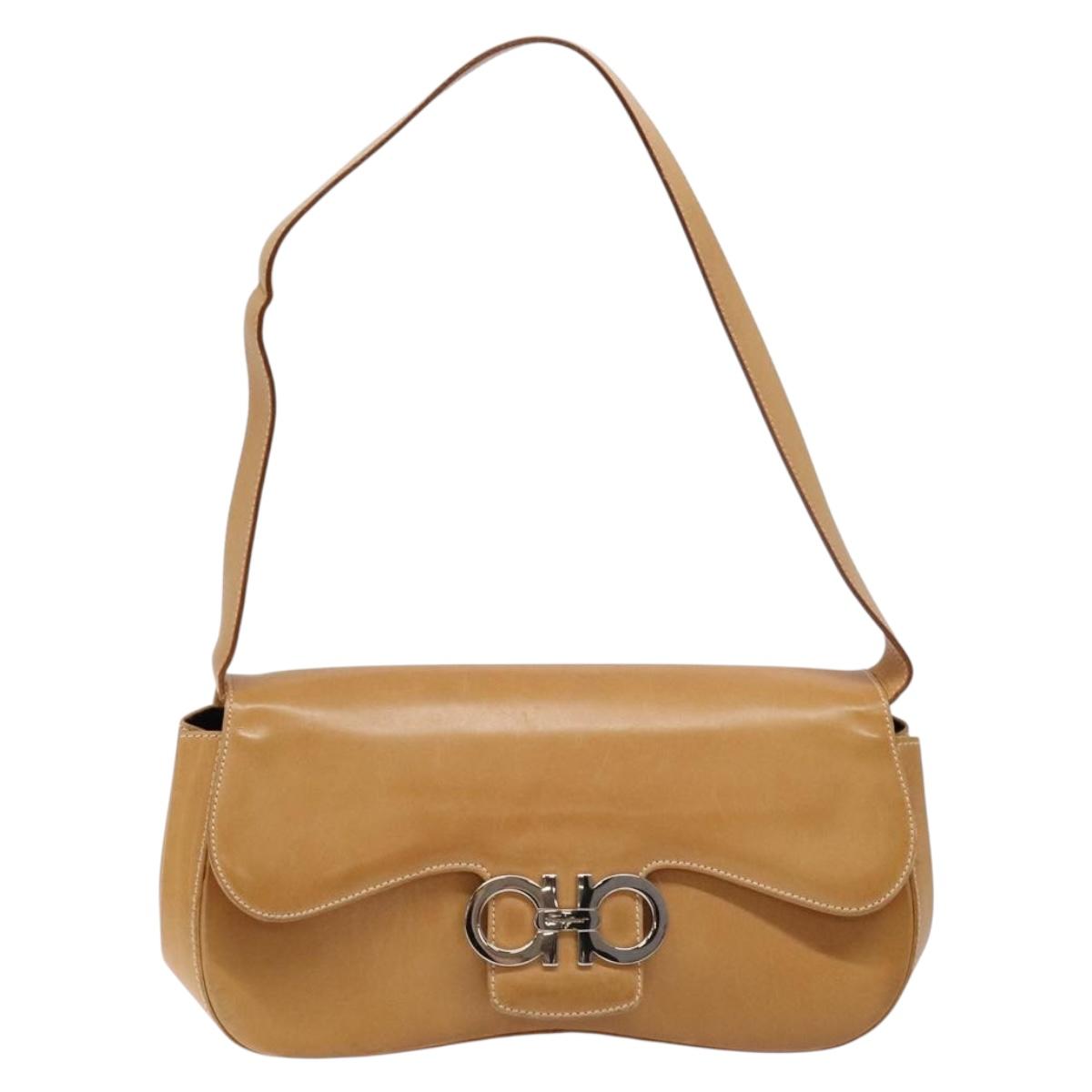 Salvatore Ferragamo Gancini Shoulder Bag Leather Beige Silver Auth 138875