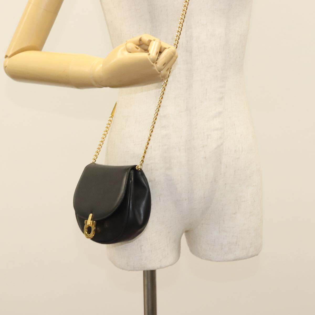 Salvatore Ferragamo Gancini Chain Shoulder Bag Leather Black Gold Auth 138877