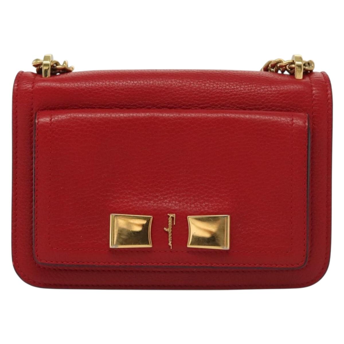 Salvatore Ferragamo Chain Vala Shoulder Bag Leather Red Gold Auth 138878