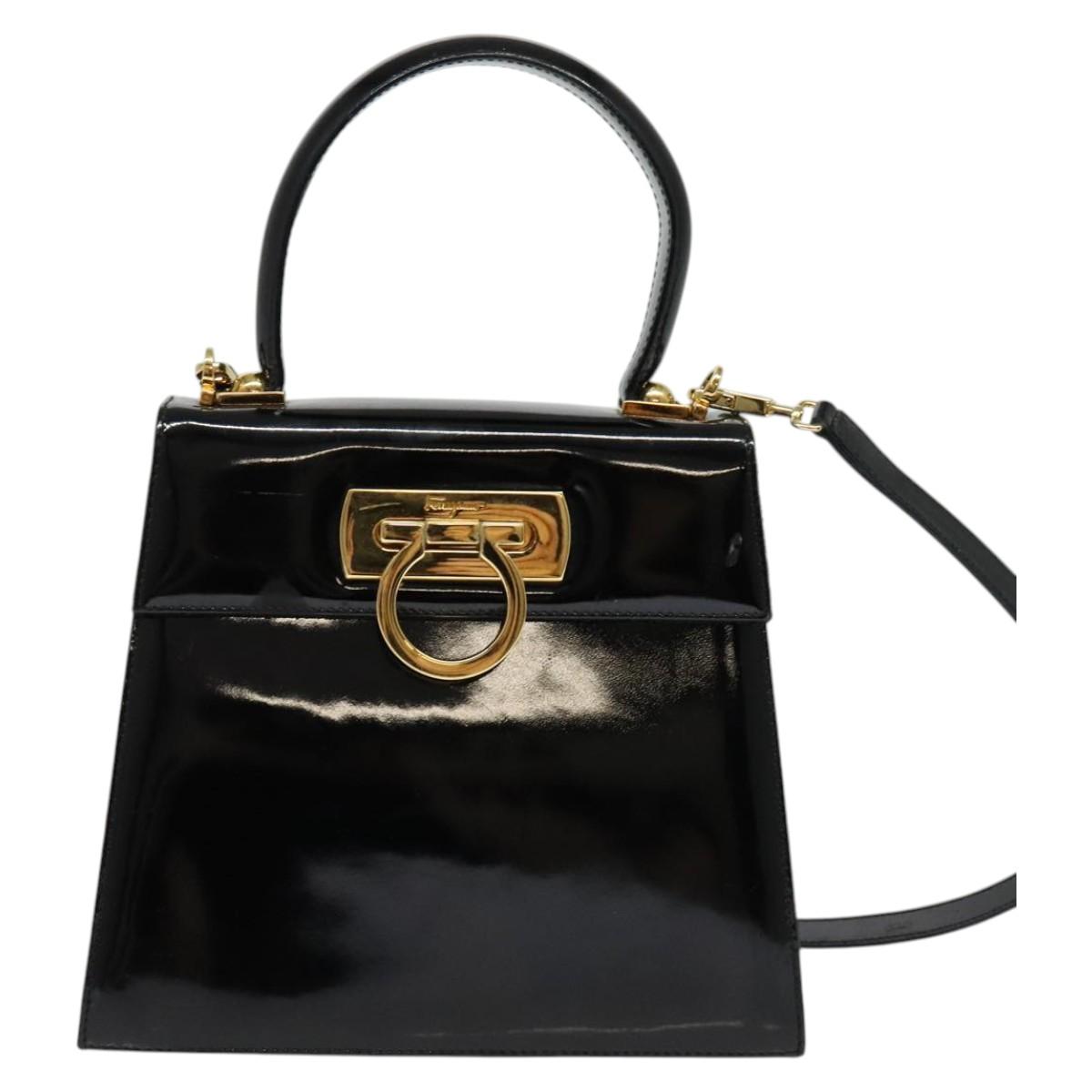 Salvatore Ferragamo Gancini Hand Bag Enamel 2way Black Gold Auth 138879