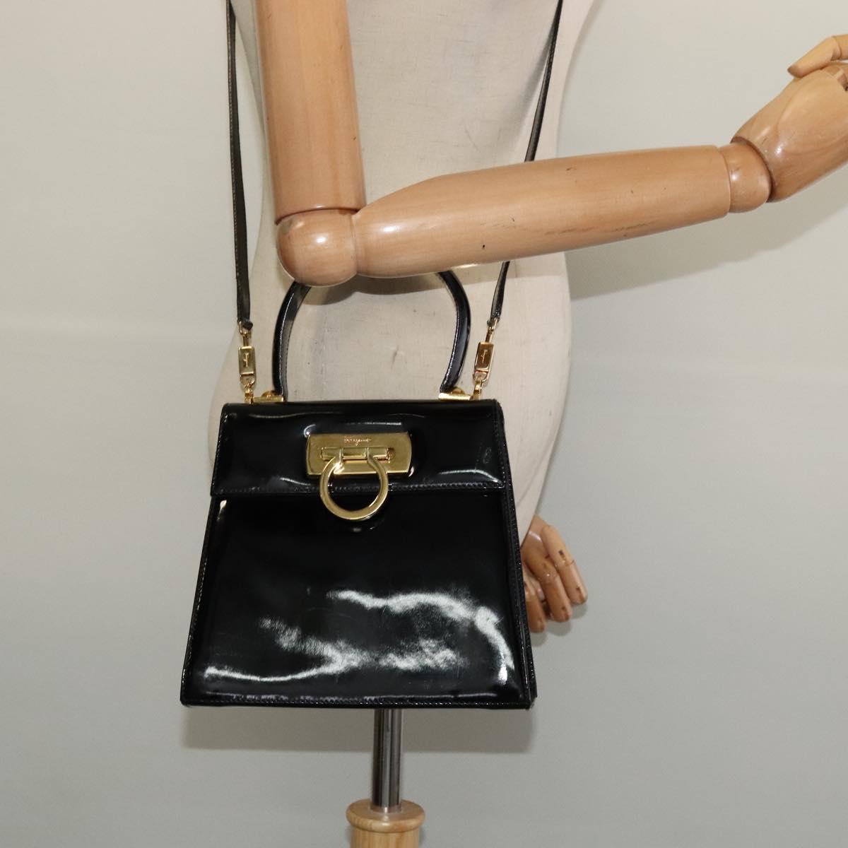 Salvatore Ferragamo Gancini Hand Bag Enamel 2way Black Gold Auth 138879