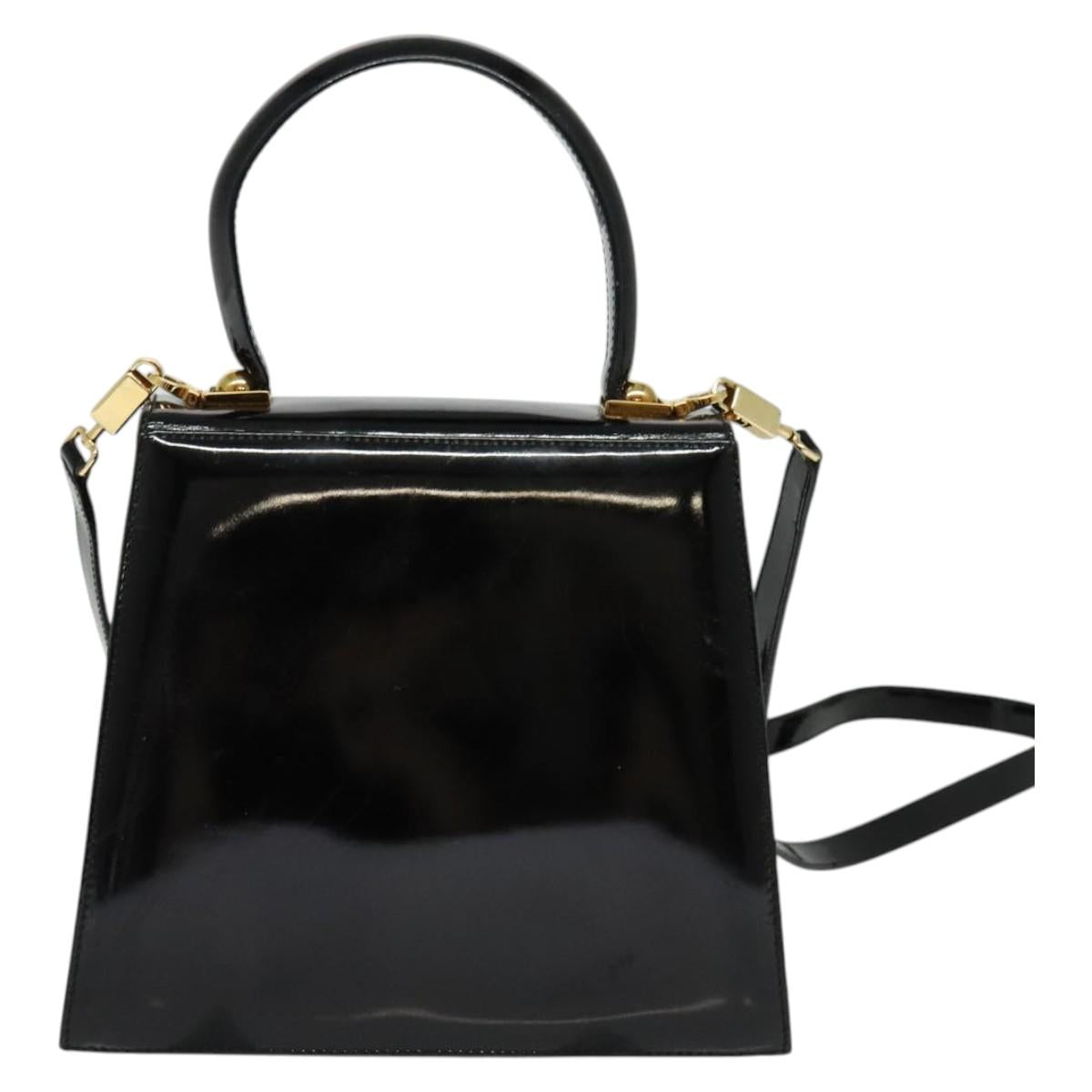 Salvatore Ferragamo Gancini Hand Bag Enamel 2way Black Gold Auth 138879