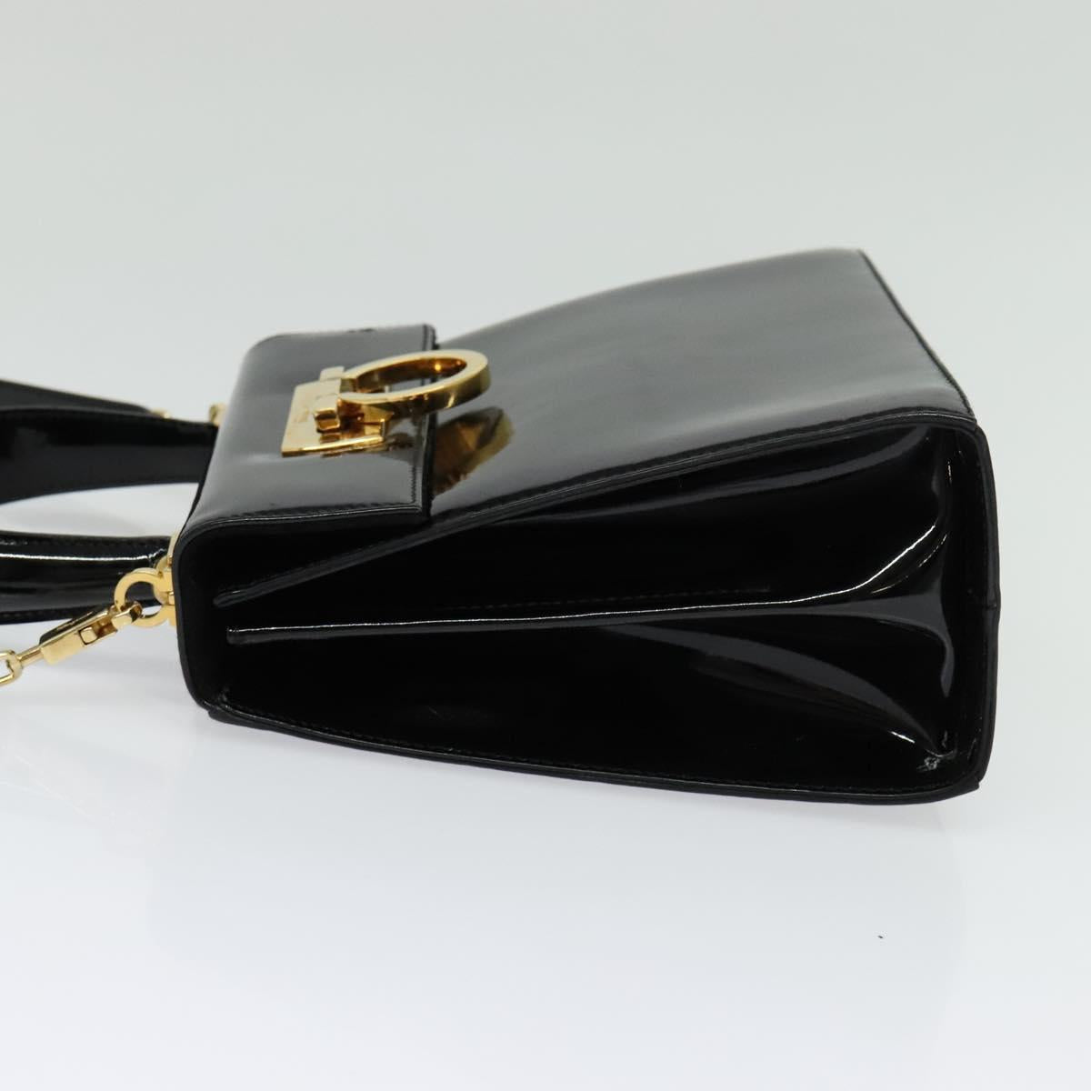 Salvatore Ferragamo Gancini Hand Bag Enamel 2way Black Gold Auth 138879