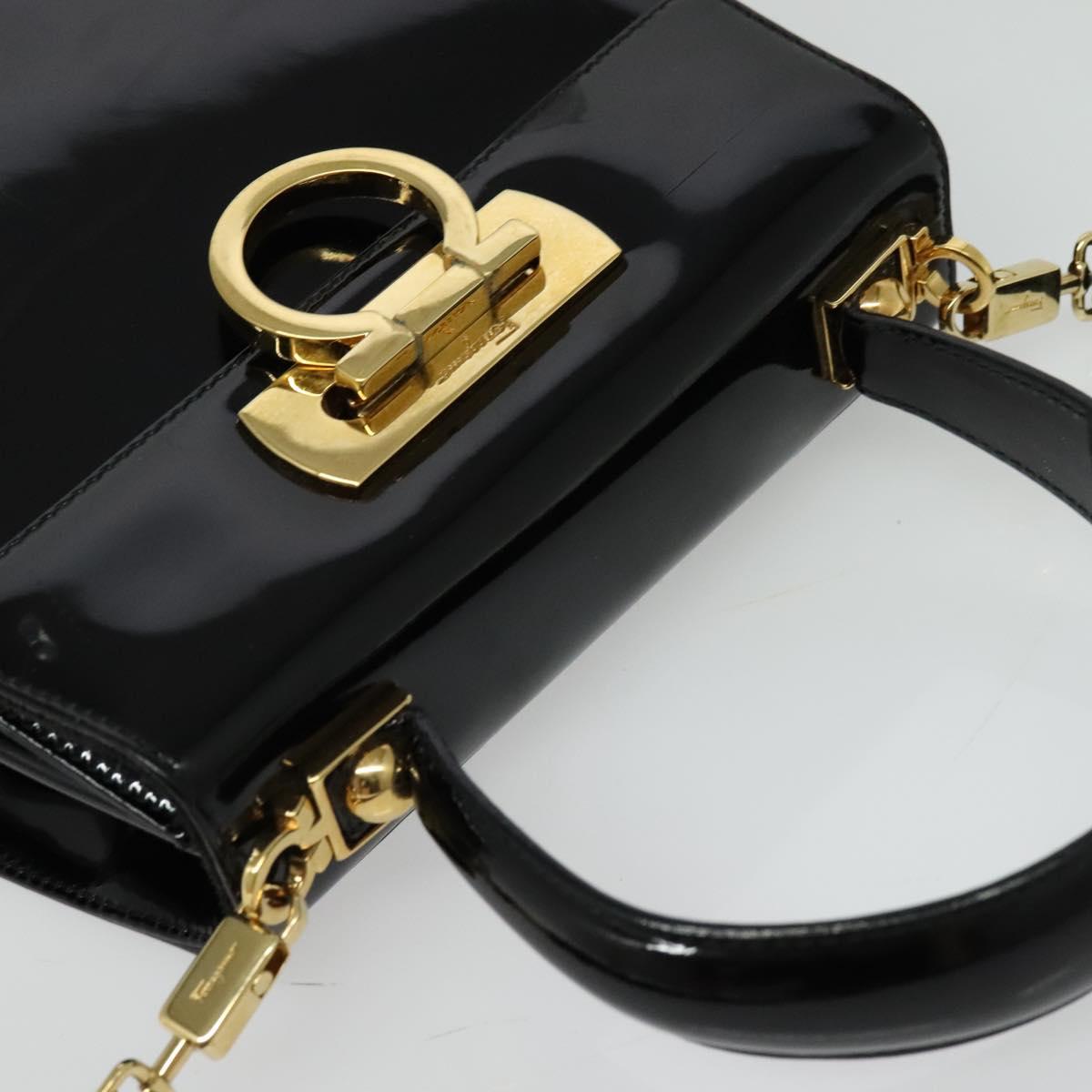 Salvatore Ferragamo Gancini Hand Bag Enamel 2way Black Gold Auth 138879