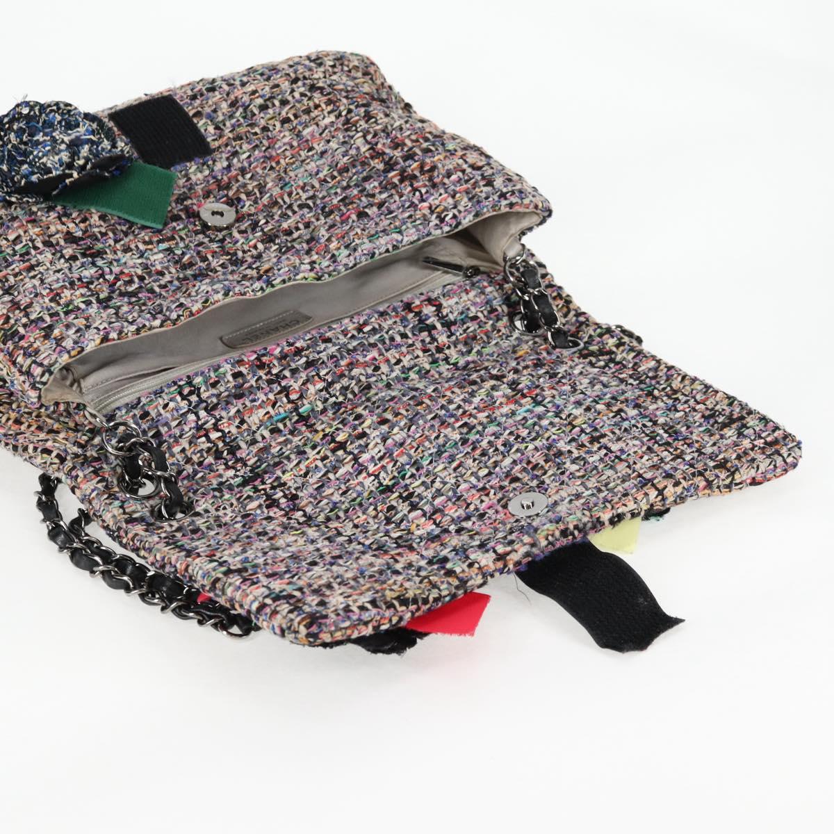 CHANEL Matelasse Camellia Chain Bag Tweed Multicolor Silver CC Auth 138988A