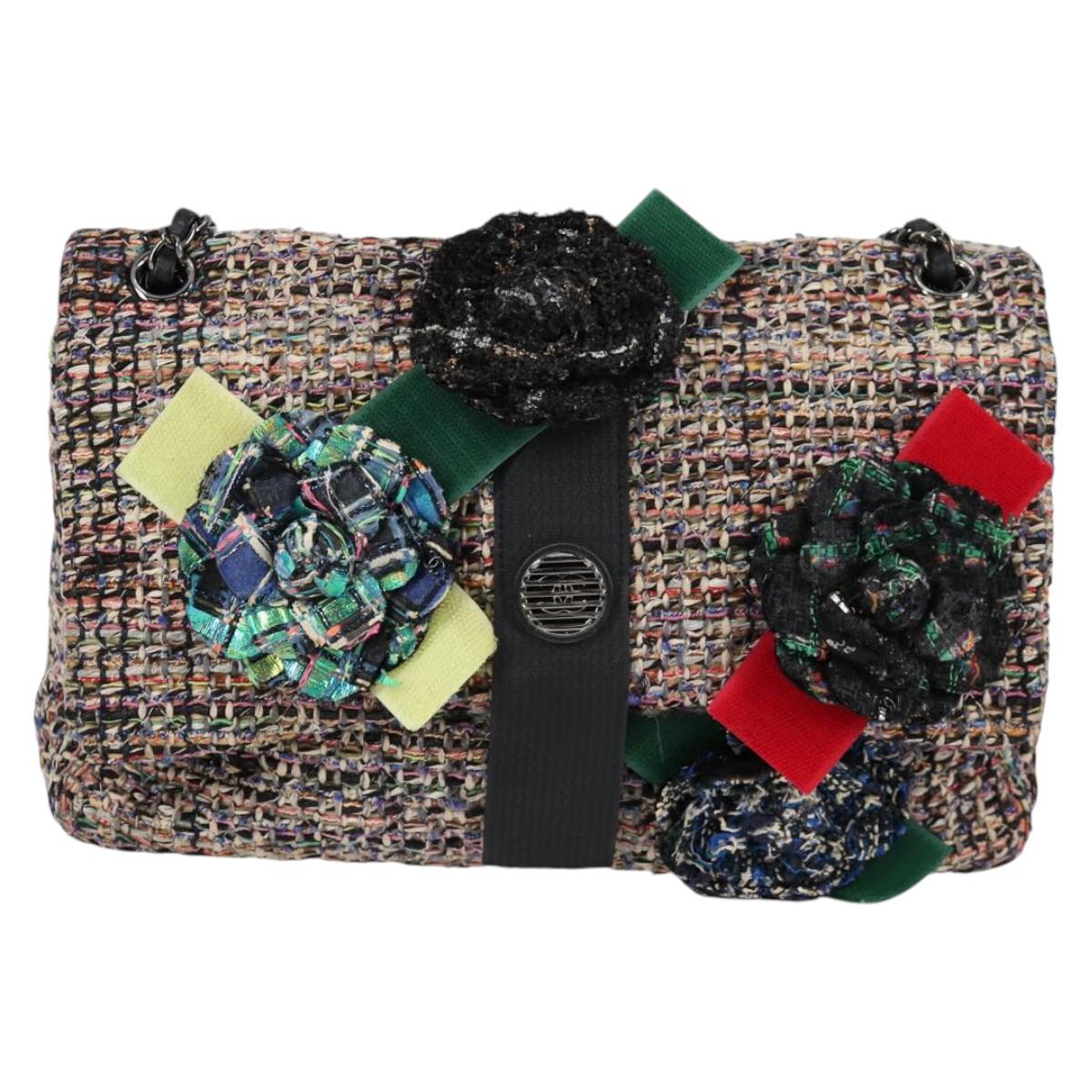 CHANEL Matelasse Camellia Chain Bag Tweed Multicolor Silver CC Auth 138988A