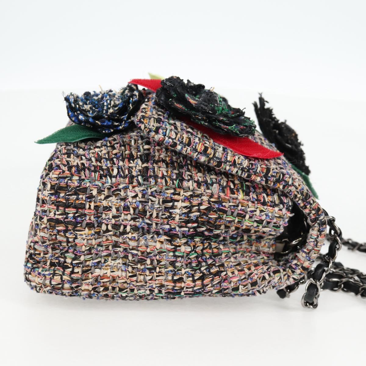 CHANEL Matelasse Camellia Chain Bag Tweed Multicolor Silver CC Auth 138988A