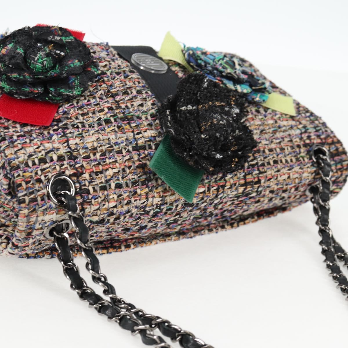CHANEL Matelasse Camellia Chain Bag Tweed Multicolor Silver CC Auth 138988A
