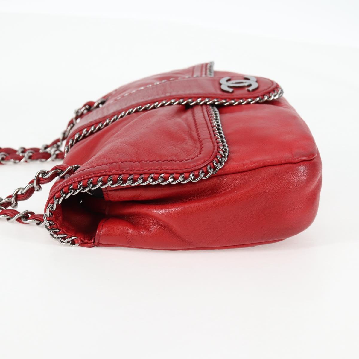 CHANEL Chain Shoulder Bag Lamb Skin Red Silver CC Auth 138990A