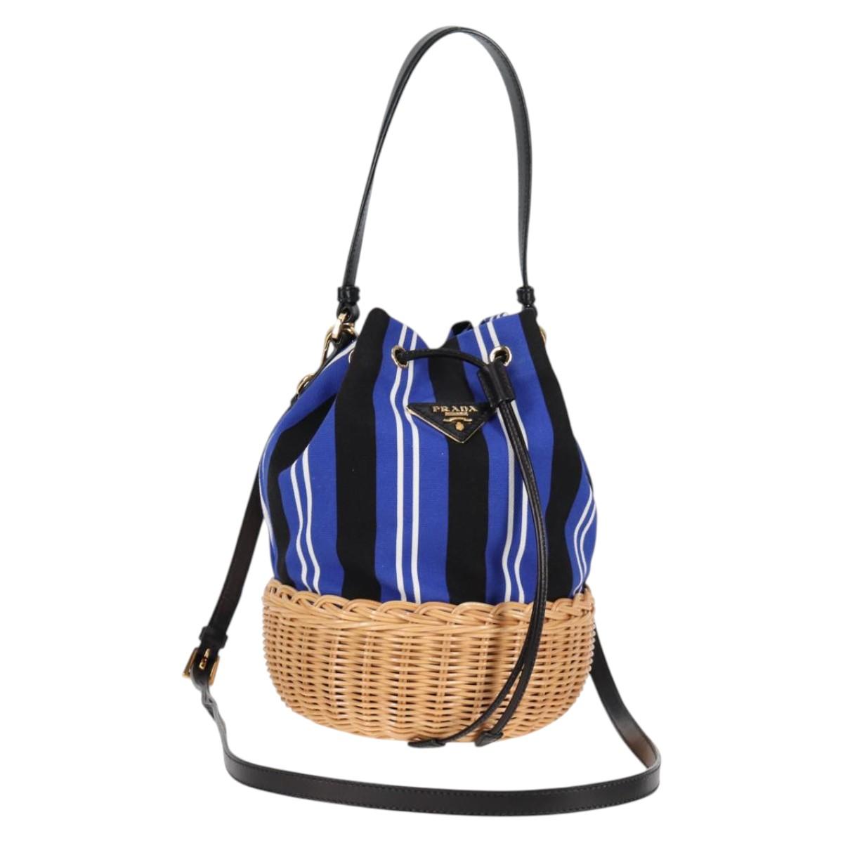 PRADA Rattan Hand Bag Canvas 2way Blue Gold 1BH115 Auth 138994A