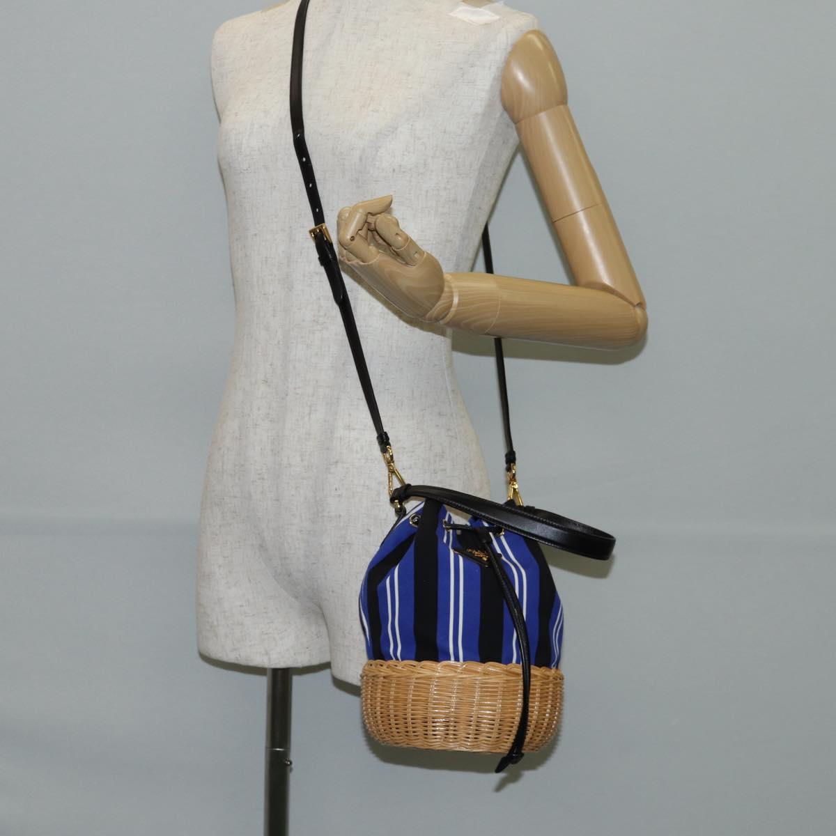 PRADA Rattan Hand Bag Canvas 2way Blue Gold 1BH115 Auth 138994A