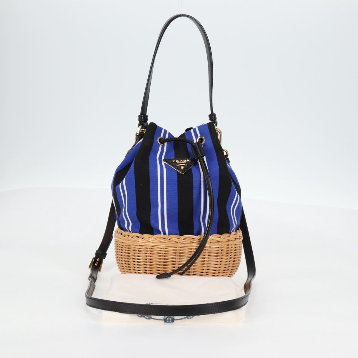 PRADA Rattan Hand Bag Canvas 2way Blue Gold 1BH115 Auth 138994A