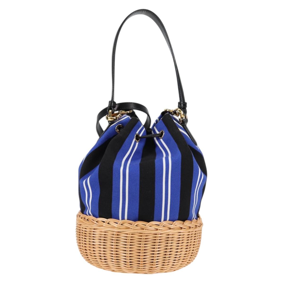 PRADA Rattan Hand Bag Canvas 2way Blue Gold 1BH115 Auth 138994A