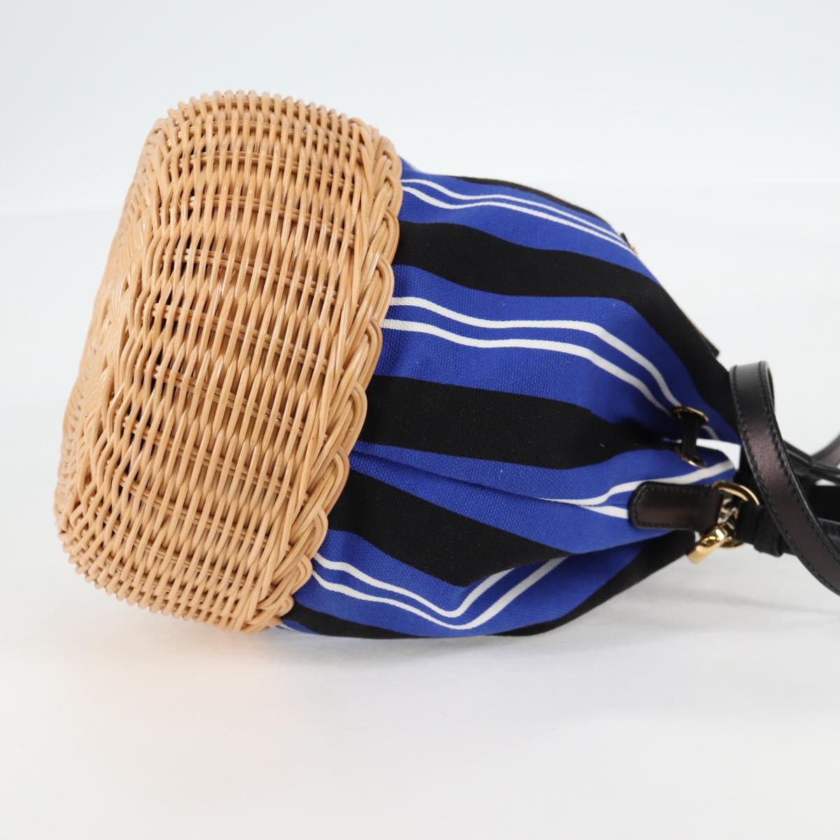 PRADA Rattan Hand Bag Canvas 2way Blue Gold 1BH115 Auth 138994A