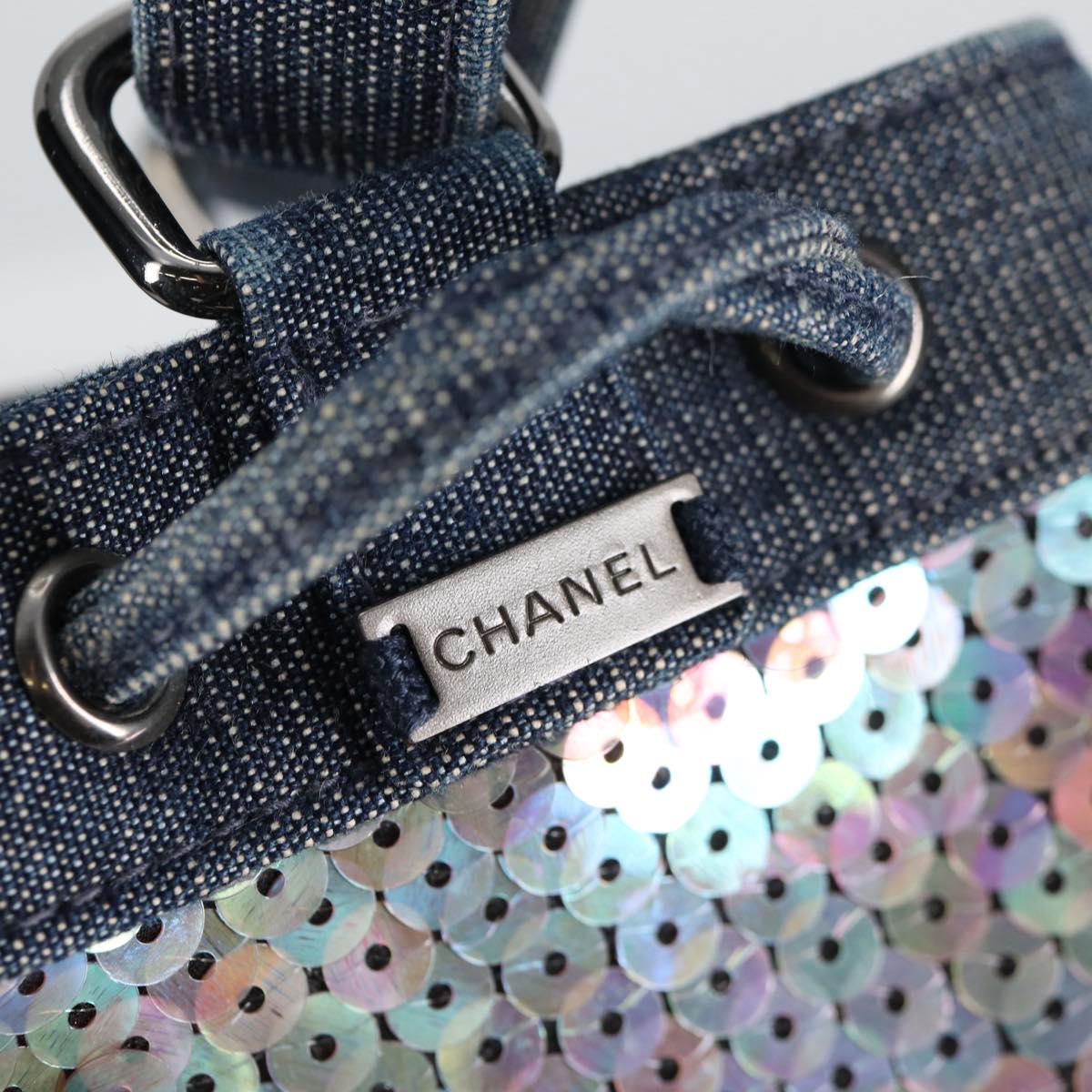CHANEL Sequin Hand Bag Denim Blue CC Auth 139014V