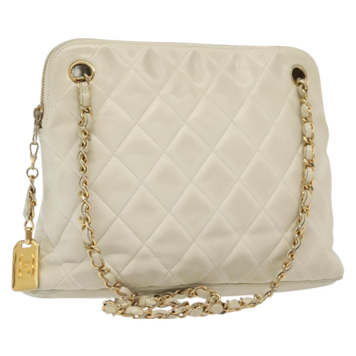 CHANEL Matelasse Chain Shoulder Bag Lamb Skin White Gold CC Auth 139015
