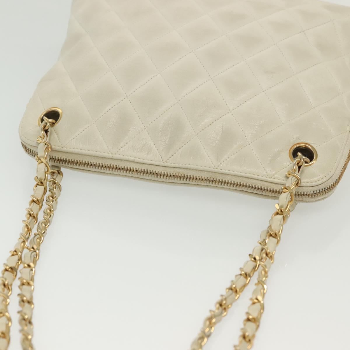 CHANEL Matelasse Chain Shoulder Bag Lamb Skin White Gold CC Auth 139015